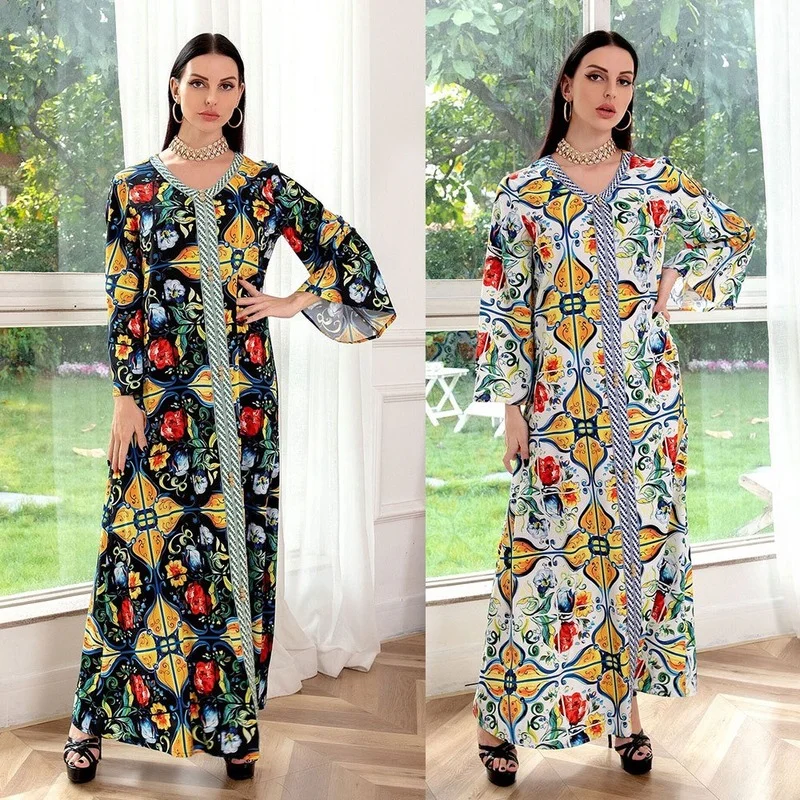 

Fashion Ethnic Print Abaya Dress Women Ribbon V Neck Long Sleeve Jalabiat Dubai Middle East Arabic Oman Moroccan Caftan Satin