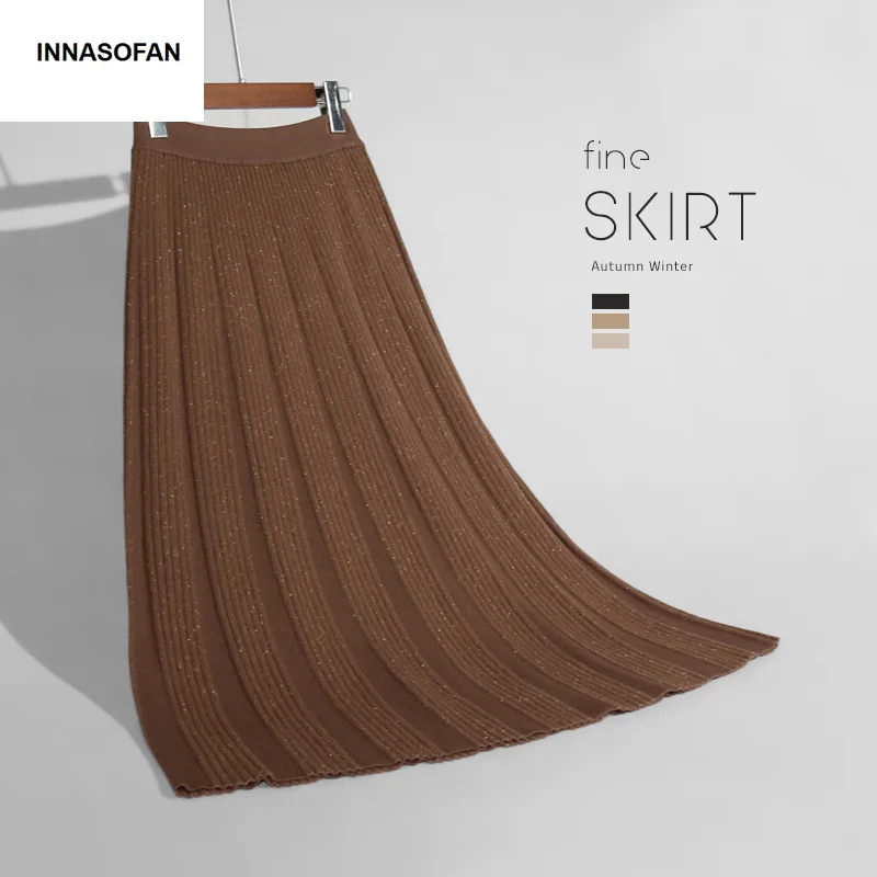 INNASOFAN теплая трикотажная юбка Женская осенне зимняя блестящая плиссированная с