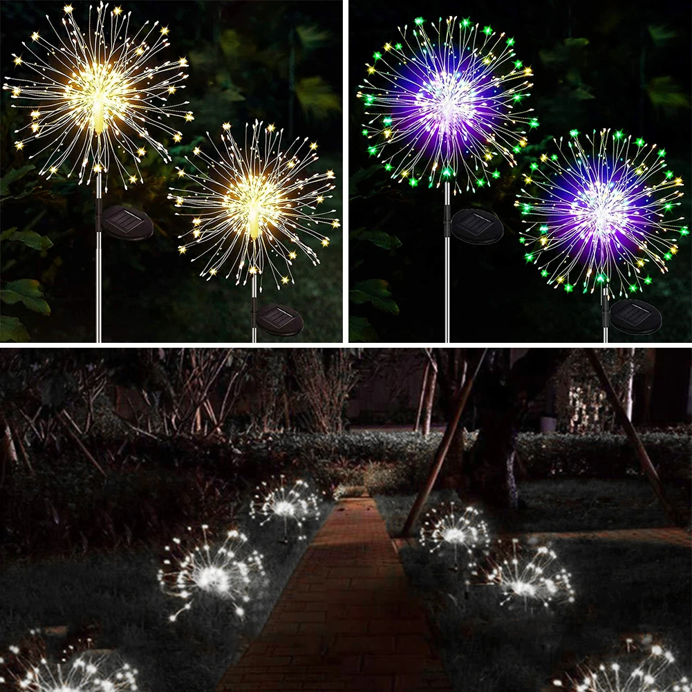 

120LED Solar Powered Outdoor Grass Firework Lights Ground Plug Dandelion Flash Lamp Decorative Landscape Holiday Stake Lights