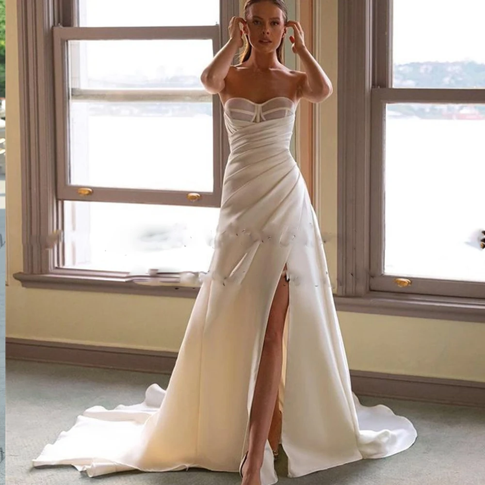 

Princess Satin Simple Wedding Dresses Long DetachableTrain Bridal Gowns Side Slit Beach Gorgeous Dress Country Gown Robe De M