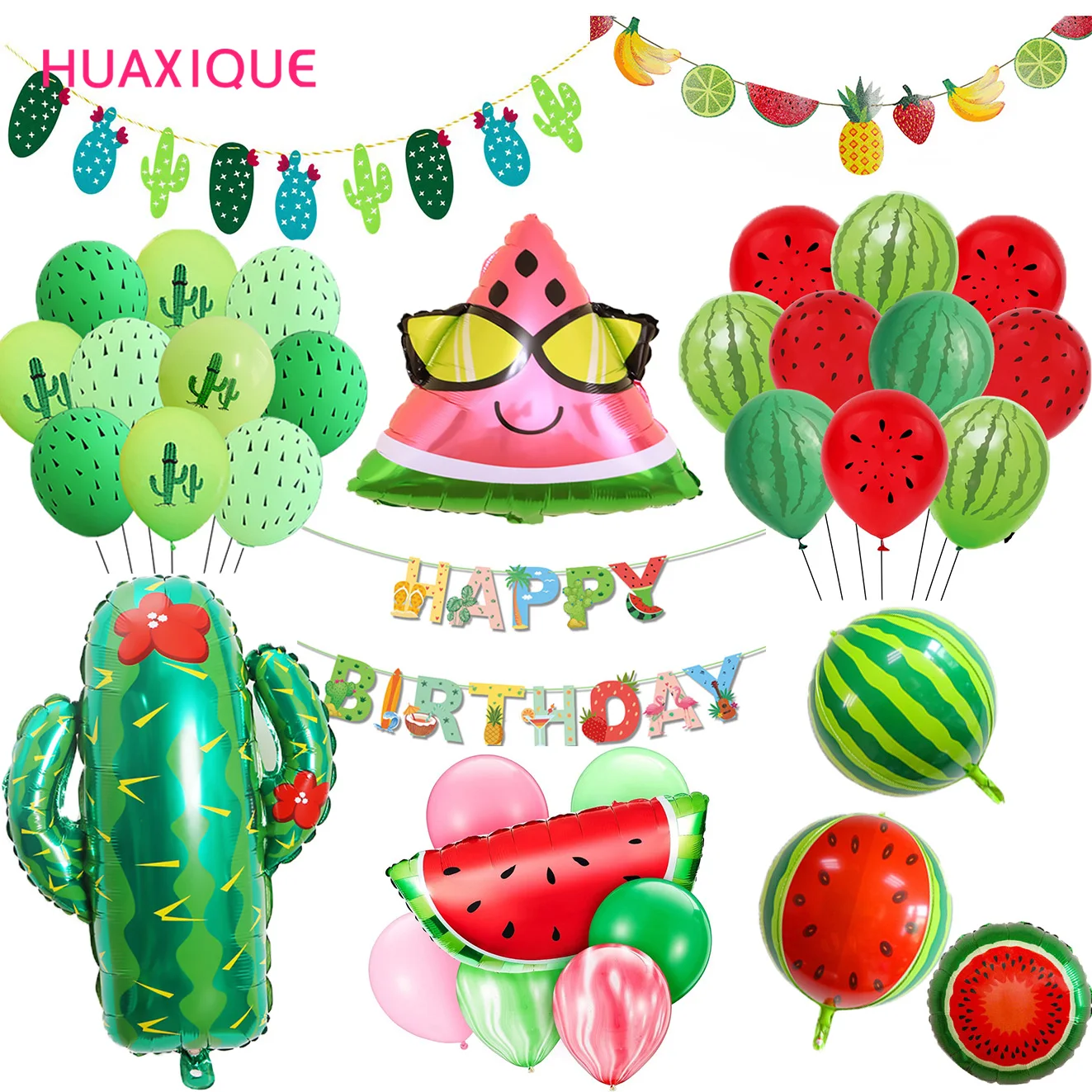 

Summer Fruits Hawaiian Tropical Watermelon Cactus Balloon Hawaii Happy Birthday Banner Flag Party Decoration Baby Shower Supplie