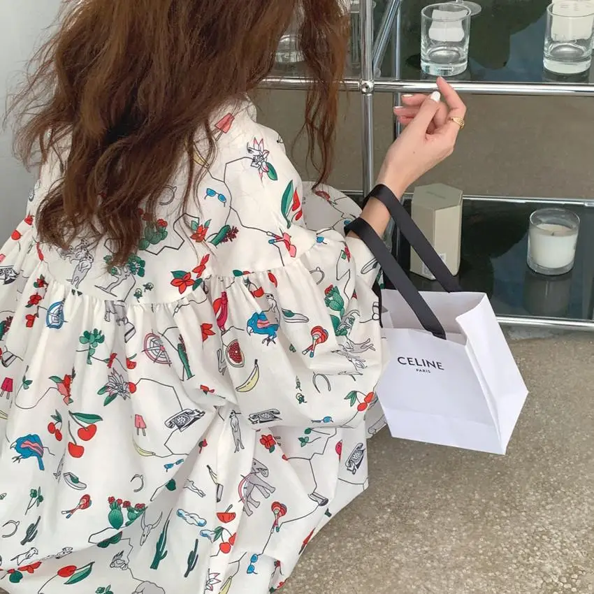 

Spring Summer 2021 Cartoon Graffiti Print Dress Women Korean Casual Long Sleeve Dresses Ladies Kawaii Loose Midi Doll Dress