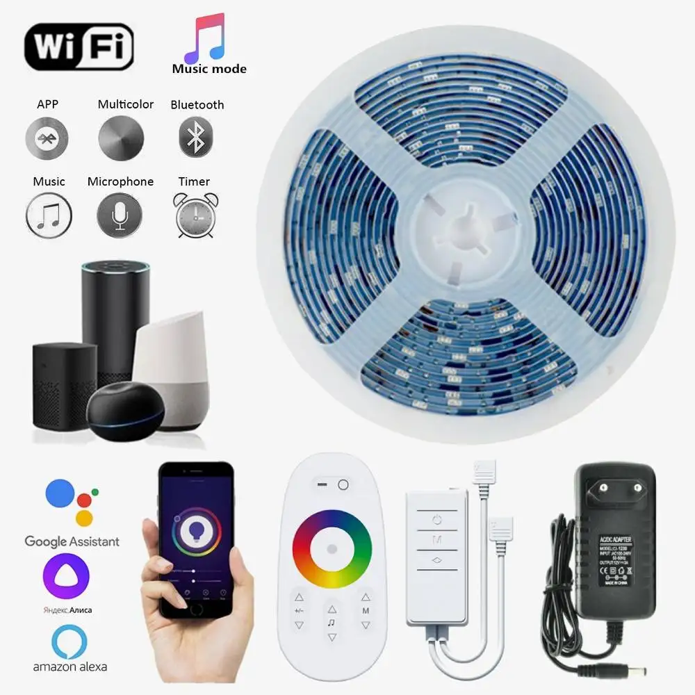 

Светодиодная лента RGB, 12 В постоянного тока, 5050, 2835, гибкая Водонепроницаемая лента, Wi-Fi, Bluetooth, сенсорный пульт дистанционного управления, дек...