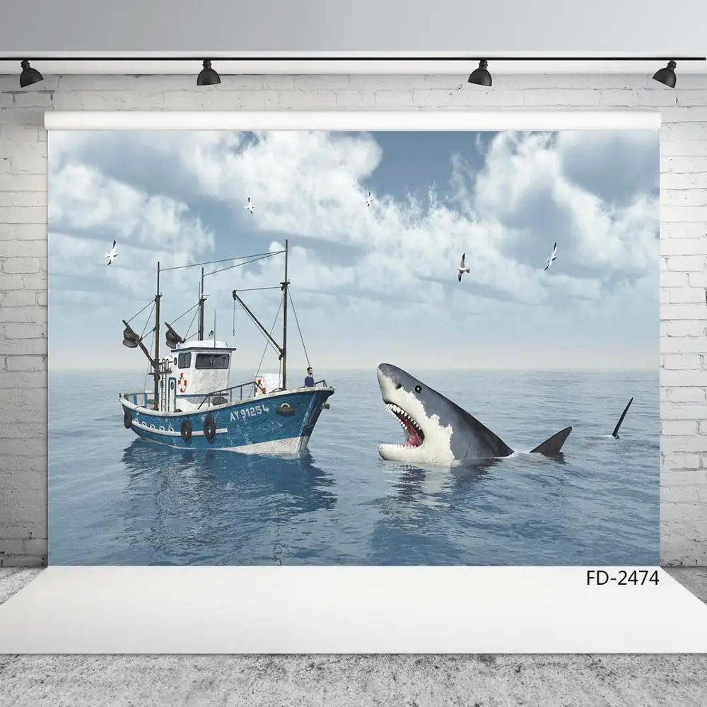 

Фон для детской фотосъемки с изображением рыбалки лодки акулы