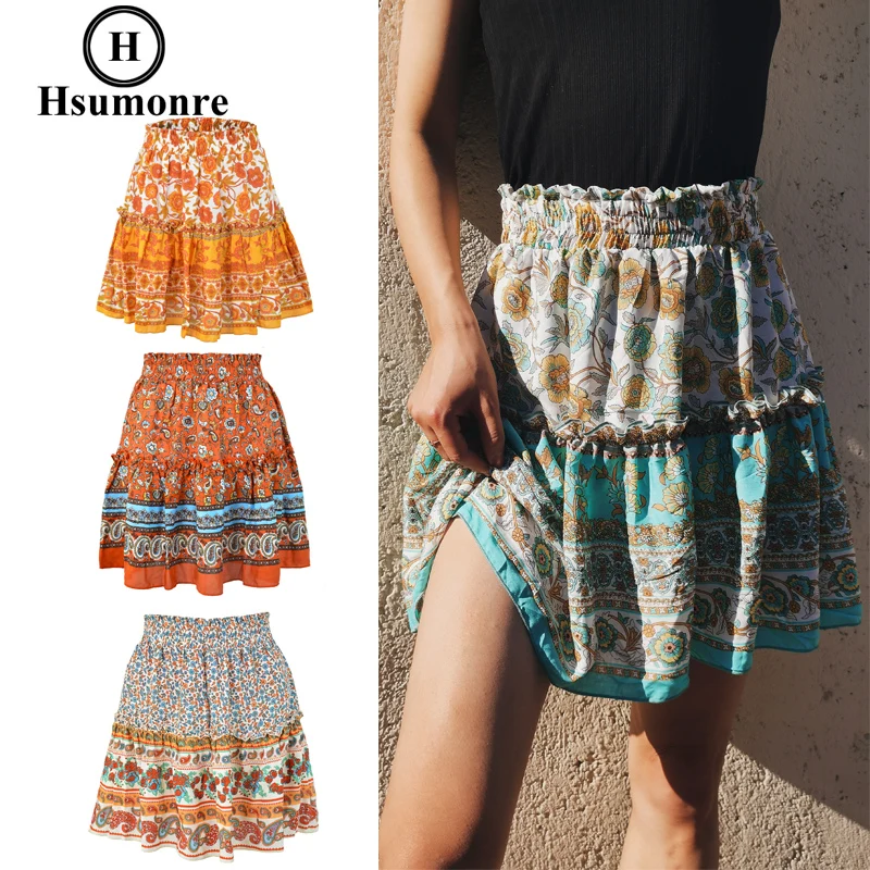 

Ethnic Style Printed Bohemian Style Ladies Skirt Pleated Elastic Cotton A-line Skirt Ruffle Stitching Girls Travel Daily Wear