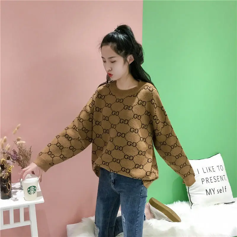 

2021 net red new autumn and winter tide brand knitted sweater loose lazy wind long Pullover women's Korean top