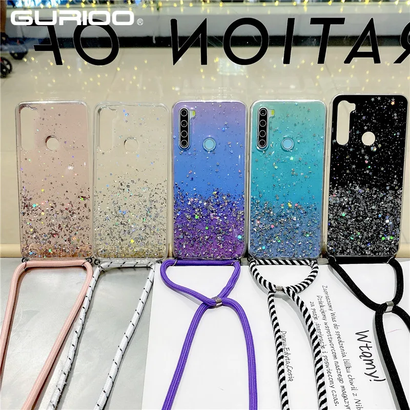 

Strap Cord Chain Case For Xiaomi Redmi Note 10 9 9S 8T 8 7 6 5 Pro 7A 8A 9A 9C Mi 10 T Poco X3 NFC F3 M3 Lanyard Glitter Cover