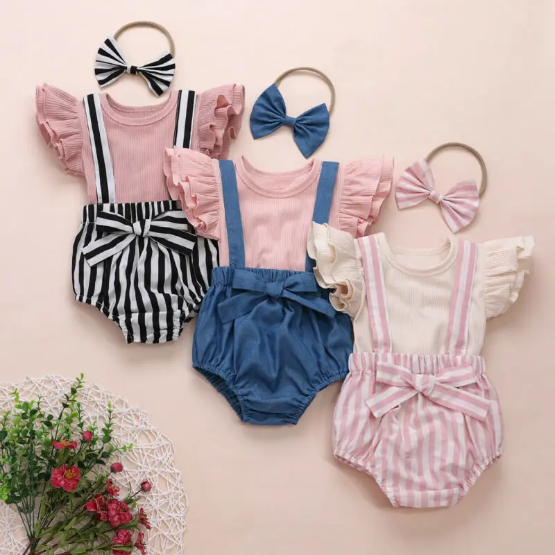 

AA 2020 Summer Toddler Baby Girl Tops Striped Suspender Shorts Headband Outfits Kids Cotton Clothes 0-3Y