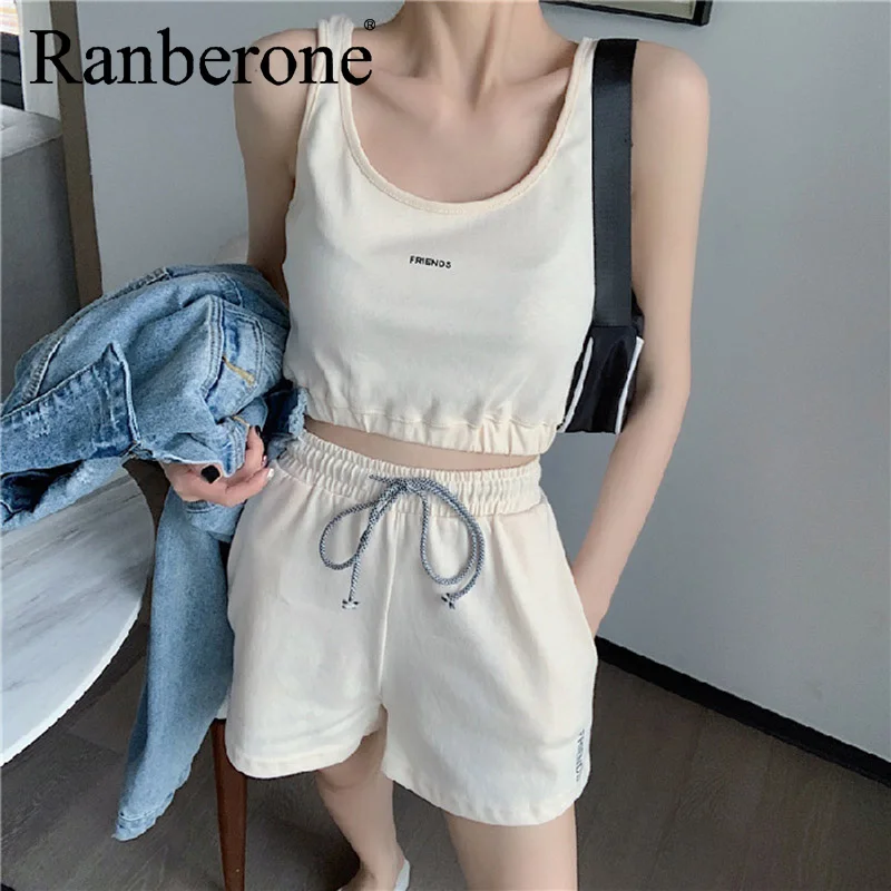 Ranberone Casual Running Sportswear Vest Shorts 2 Piece Set Women Tracksuit Solid Yoga Sets Female Fitness Gym Clothing 2021