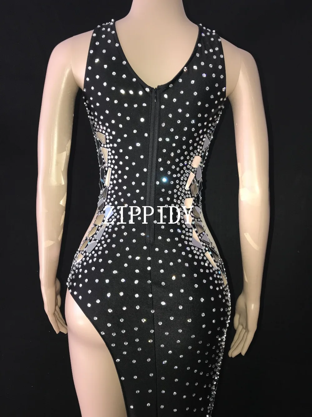 Flashing Silver Mirrors Rhinestones Dress Birthday Celebrate Black Shining Stage Latin DRESS Evening Bar Singer Dancer Show Outfit