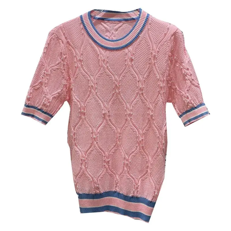 

Pearl Nail Bead Elastic Knitted T Shirt Women 2021 Summer New Round Neck Short Sleeve T-shirt