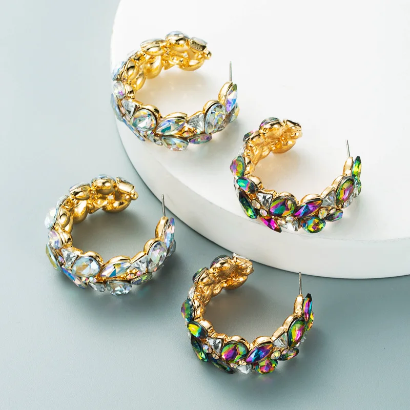 

Fashion Bridal Women Stud Earrings With Colorful Stones Personality Big Statement Crystals Paved C Shaped Earings Jewelry