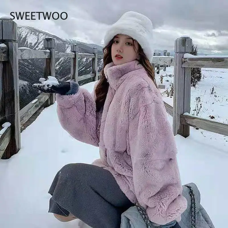 2021 New Winter Women's Loose Imitation Mink Leather Zipper Cardigan Coat Streetwear Warm Thicken Winter Faux Fur Coat Women