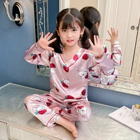 autumn sleepwear silk satin children pajamas set comfortable long sleeve cartoon printed cute girls home clothes nightwear suit