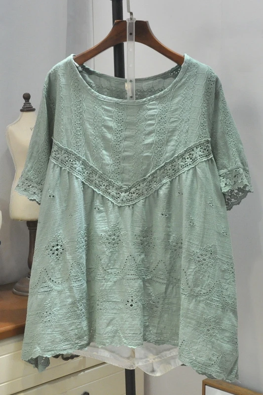 

Hollow embroidery shirts women summer short sleeve tops casual loose shirt