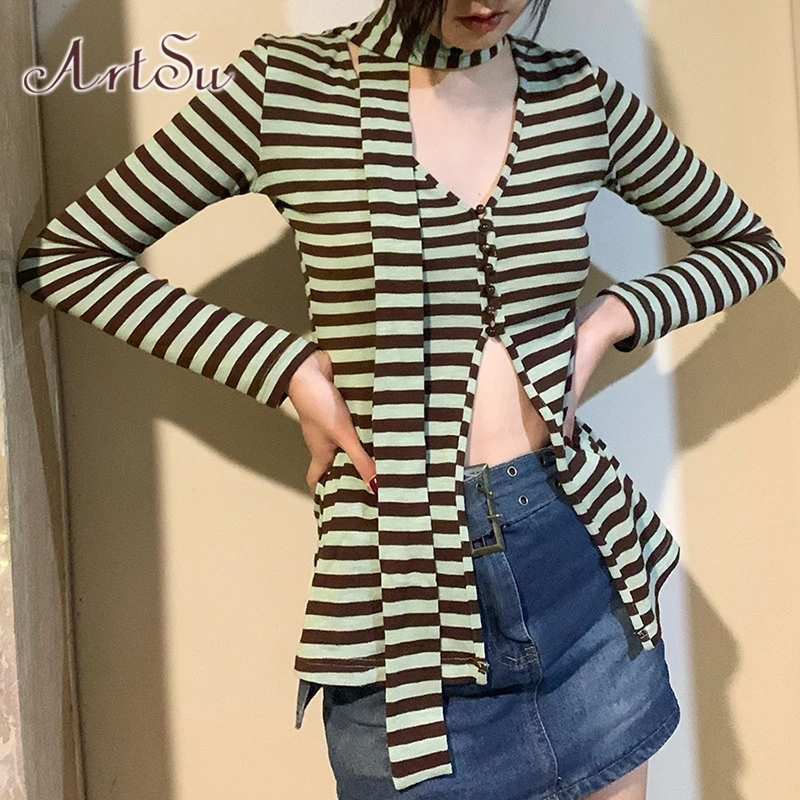 

ArtSu Striped Long Sleeve Shirt Slim V neck Single Breasted Cardigans Streetwear Autumn Green Sexy T-shirt Femme Women Clothes