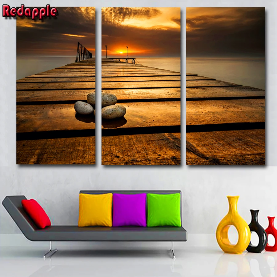 

3 Panels Set diy Diamond Painting Deck Stons Cross Stitch Kits 5d full Diamond embroidery Wooden bridge sea Wall puzzle artwork