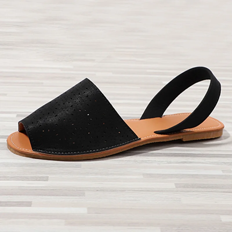 

Summer Women's Sandals PU Leather Hollow Out Retro Sandals Slip on Casual Peep Toe Sewing Ladies Flat Shoes Woman Beach Footwear