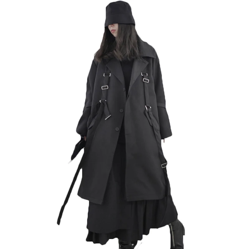 

2022 Casual Dark Black Windbreaker Irregular Loose Slim Women's Clothing Spring Autumn Long Trench Coat 57C
