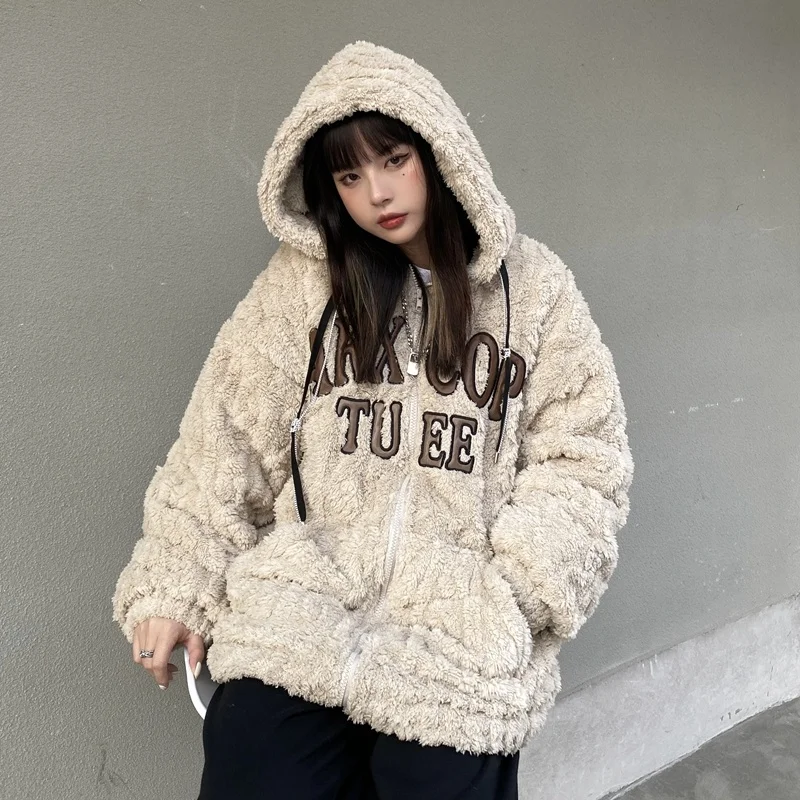 Women Hoodies Cottom Jacket American Embroidered Letter Hooded Thicken Plush Baseball Jacket Women's Winter Cotton Jacket