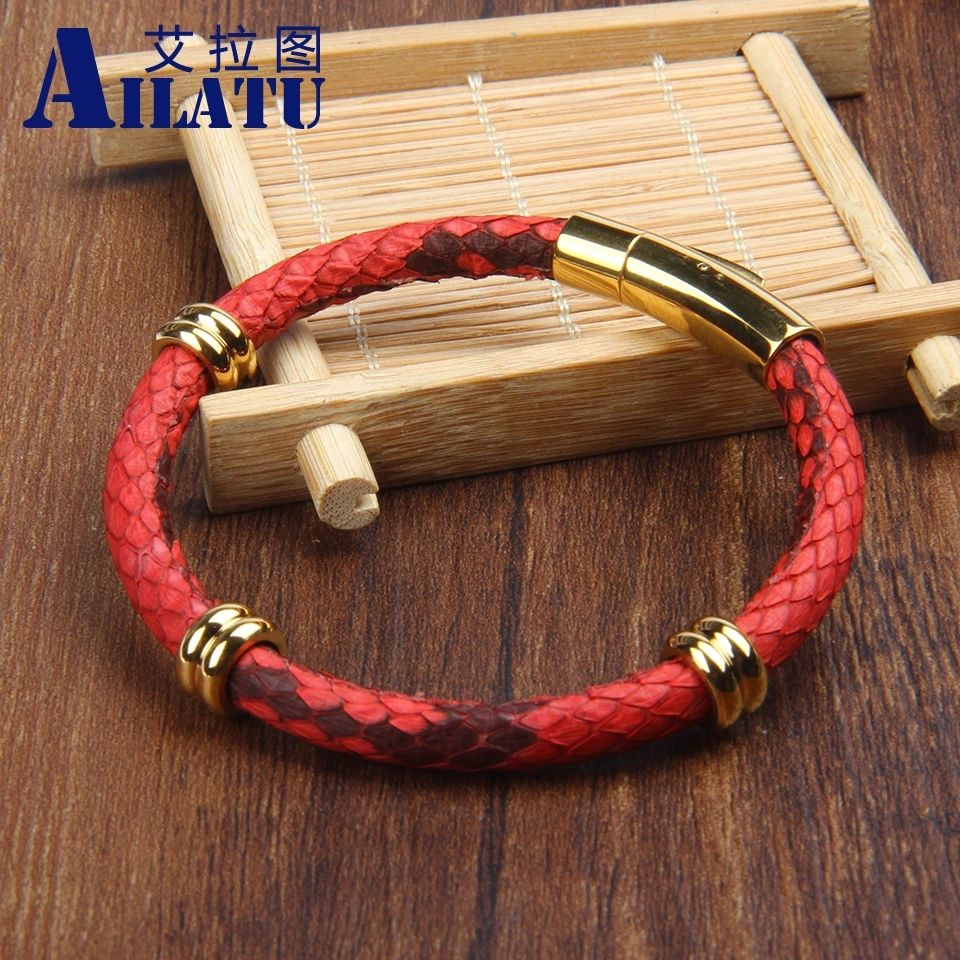 Ailatu Genuine Python Leather Bracelet with Stainless Steel Spacer Beads Clasp Buckle Bangle for Men Women | Украшения и