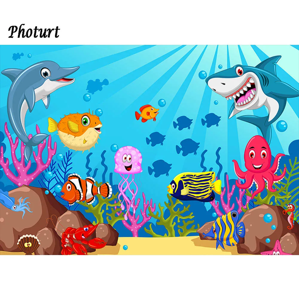 Фон для фотосессии "Морской акула" для детских праздников с изображением подводных рыб и дельфинов в синих тонах, декоративные реквизиты.