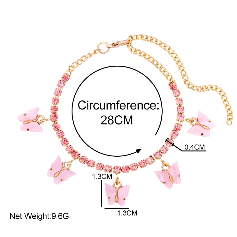 

Bohemian Acrylic Butterfly Pendant Crystal Tennis Chain Anklet Gold Silver Color Metal Anklet Summer Beach Jewelry Accessories