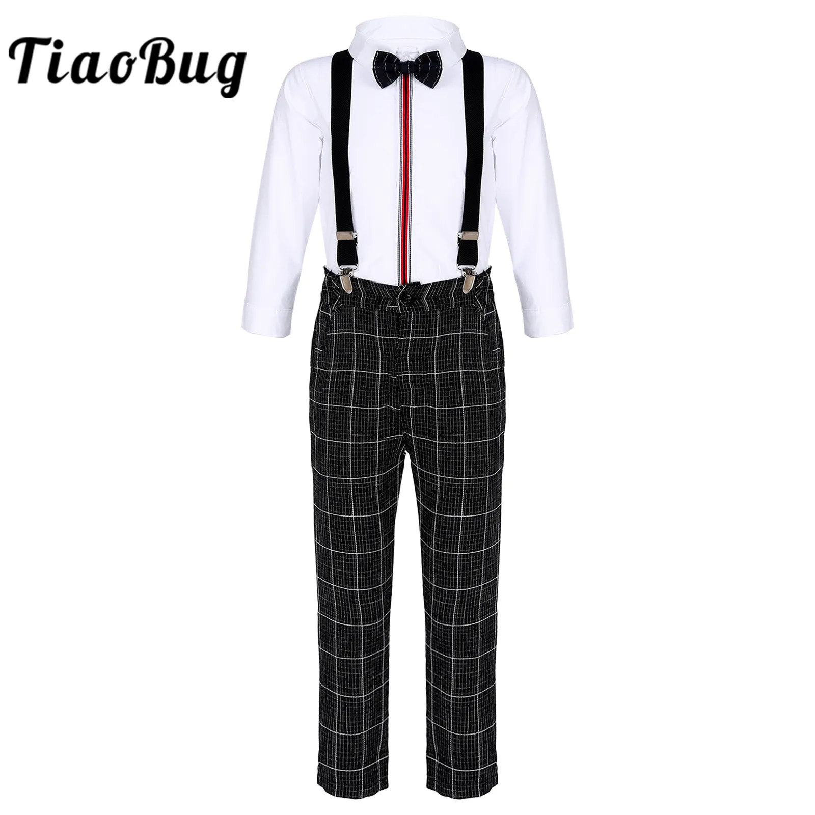 

4Pcs Kids Boys Formal Gentleman Outfit Long Sleeve Shirt Plaid Long Pants Weddiing Suit for Boys Wedding Party Children Clothing