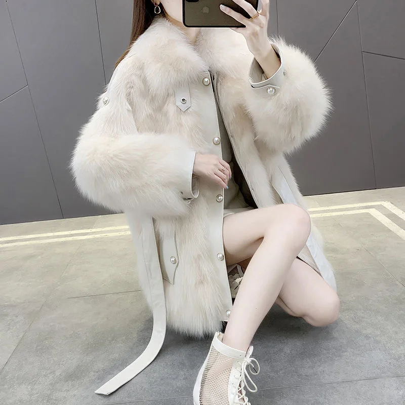 

Cotday Faux Fox Fur Grass Thick Coat Women Long Bow Belt New Winter Warm Close Waist Pearl Turn-down Collar One-piece Fur Coat