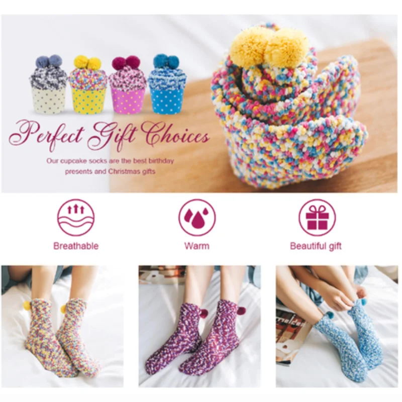 Plush Knitting Warm Socks  Casual Lovely Coral Fleece Candy Colors Cake Sock Comfortable Breathable Fuzzy Slipper Socks Gift