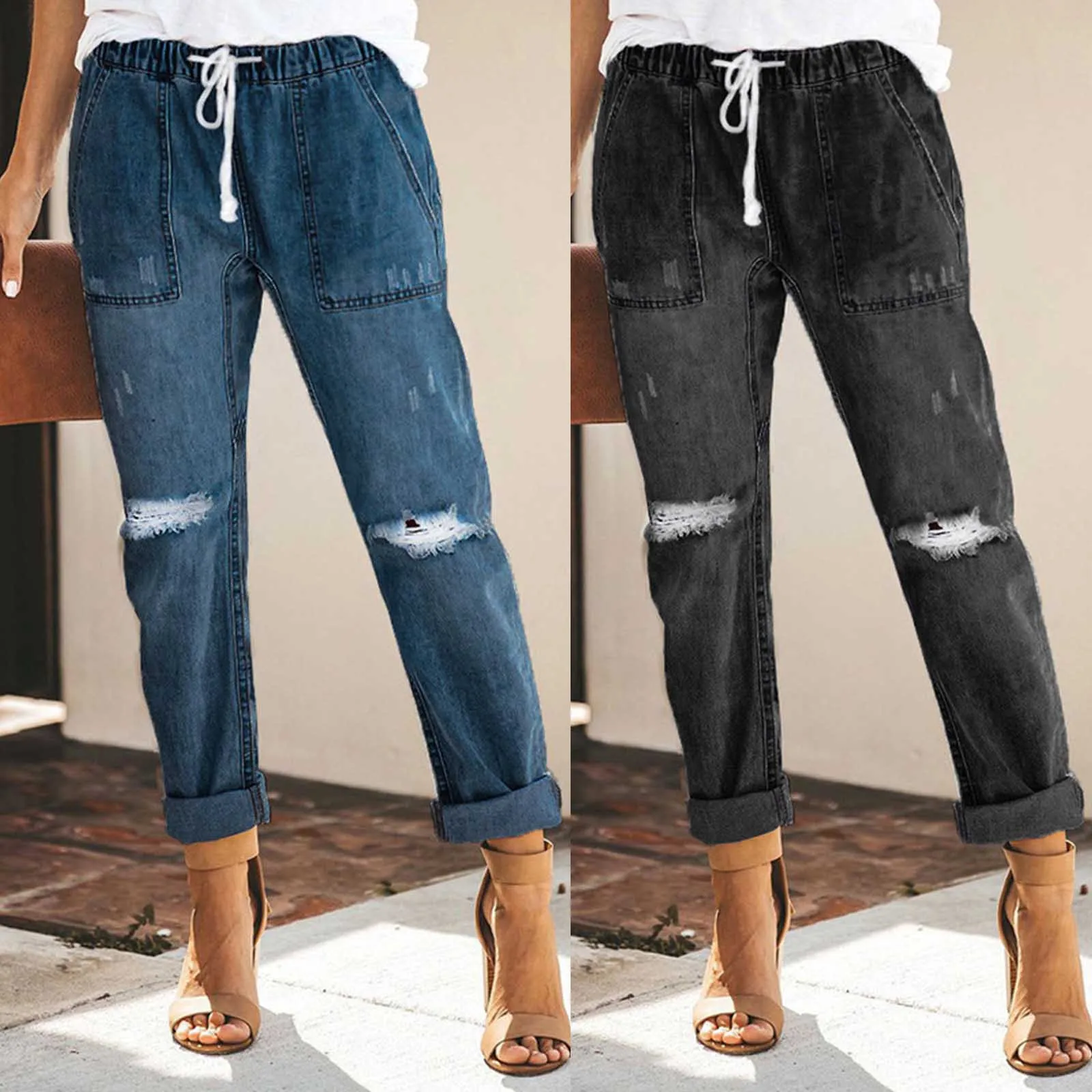 

Women Pull-On Distressed Denim Joggers Elastic Waist Stretch Pants