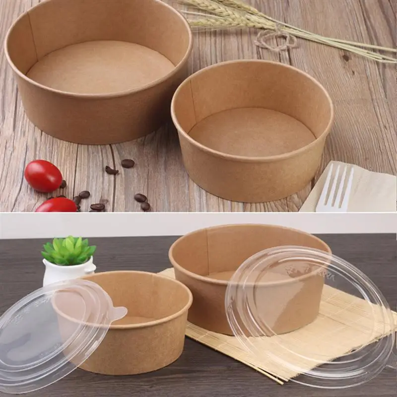 

20/50pcs Disposable Kraft Paper Bowls Fruit Salad Bowl Food Packaging Containers Party Favor Take Away Paper Bowl(16oz,With Lid)