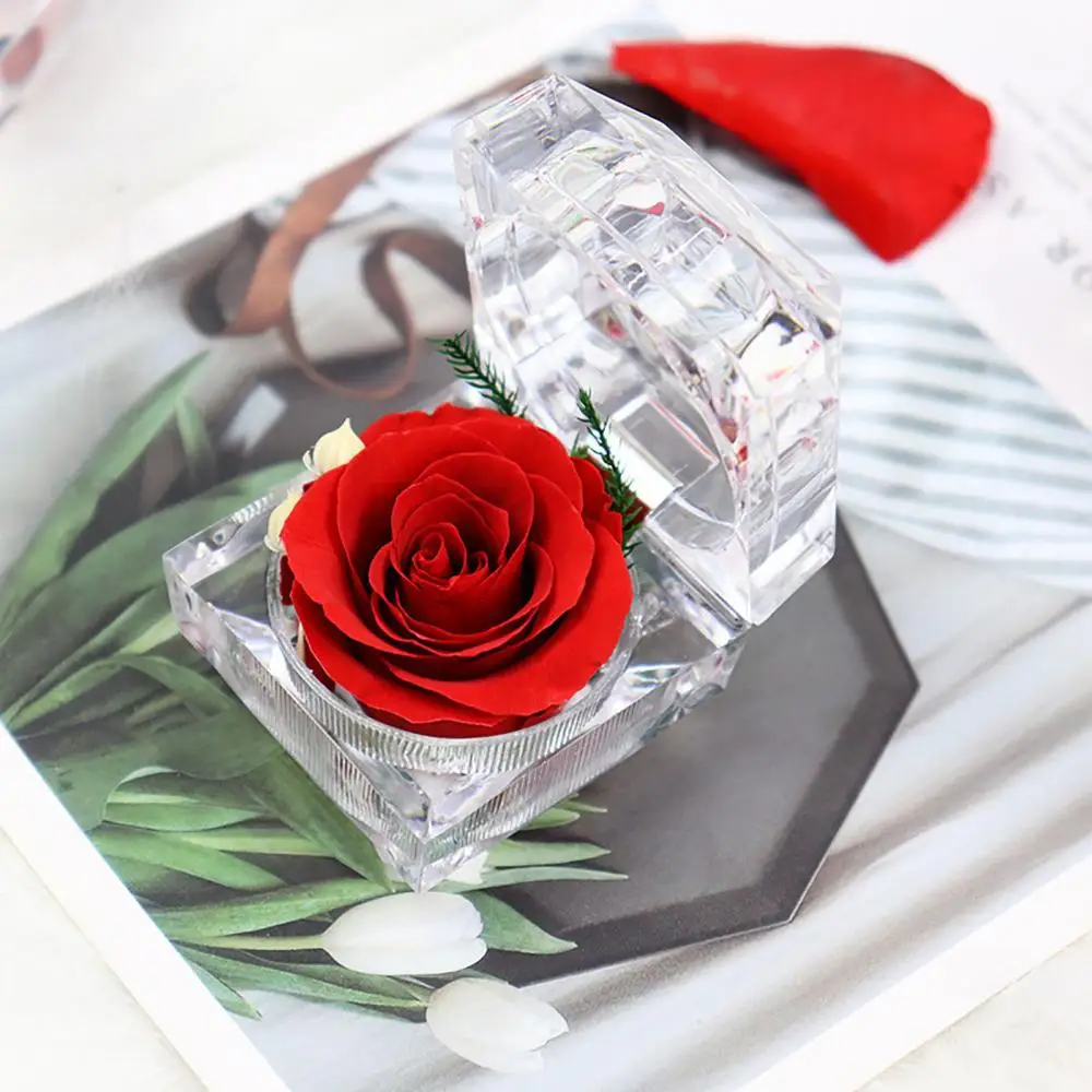 

Preserved Rose Flower Ring Box Wedding Engagement Jewelry Display Holder Gift