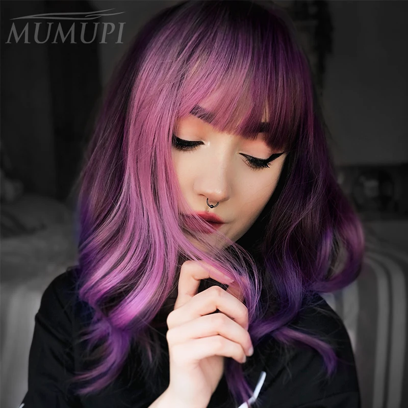 

Lolita Wavy Wig Synthetic Hair with Bangs Short Cute Purple Ombre Wigs for Women Girls Daily Use Hair Extensions Party MUMUPI