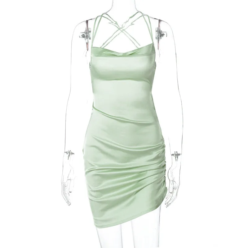 

WJFZQM Drawstring Spaghetti Strap Mini Dress Women Sleeveless Fashion Summer 2020 Party Clubwear Ruched Bodycon Silk Dress Short
