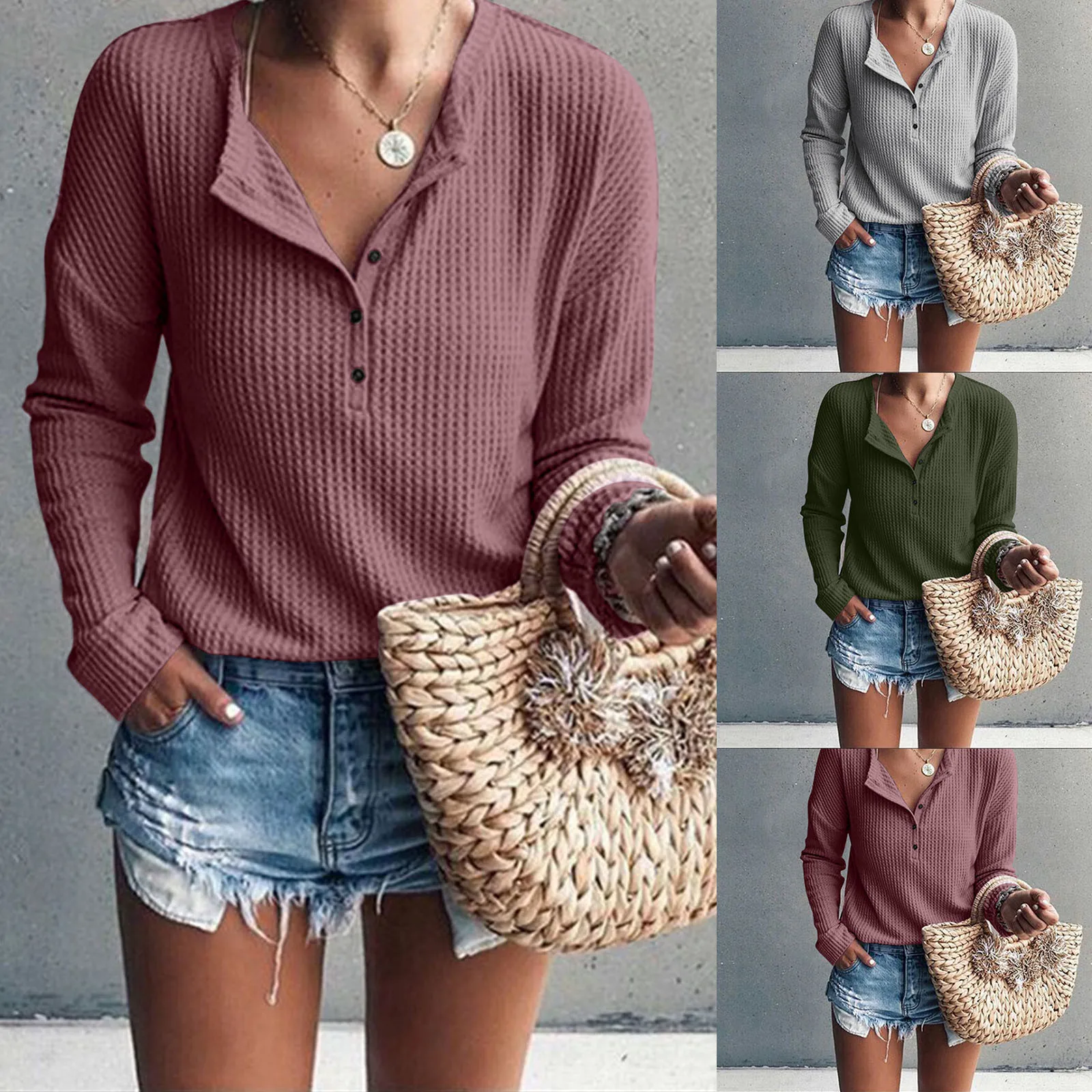 

Женская Осенняя трикотажная туника на пуговицах с длинным рукавом и V-образным вырезом