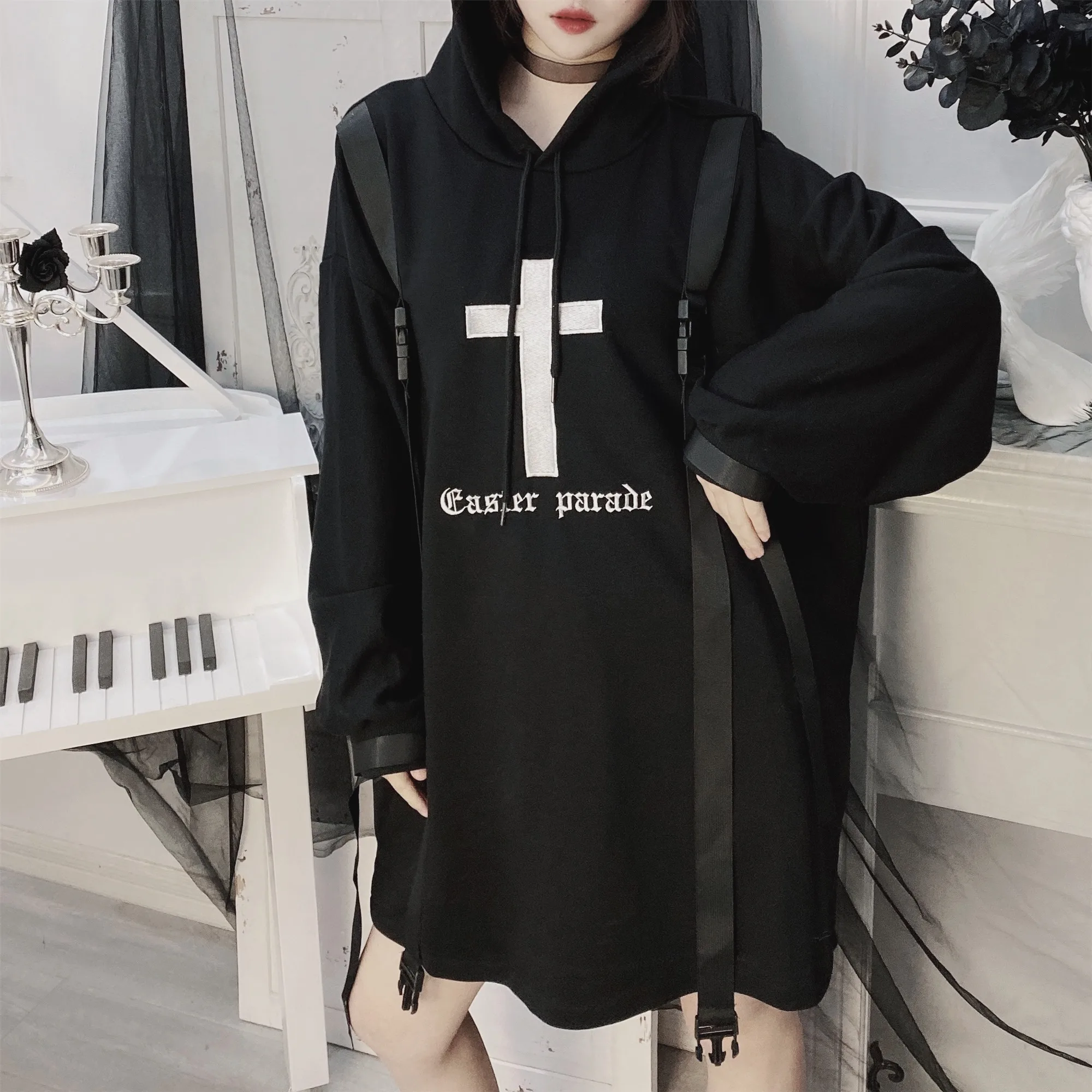 Ruibbit Женский свитшот Harajuku Готический мультфильм Печатный бархатный с капюшоном