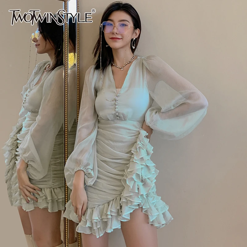 

Женское платье с рюшами TWOTWINSTYLE, облегающее платье с v-образным вырезом и длинными рукавами-фонариками, с высокой талией, в стиле пэчворк, нов...