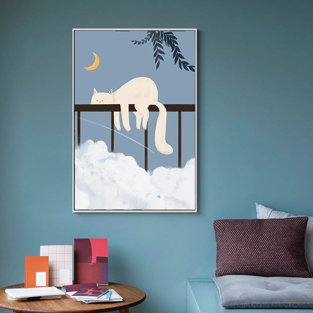 

Canvas Painting Wall Art Cartoon Sleep White Cat Prints Pictures Modern Blue Night Landscape Poster For Bedroom Decoration
