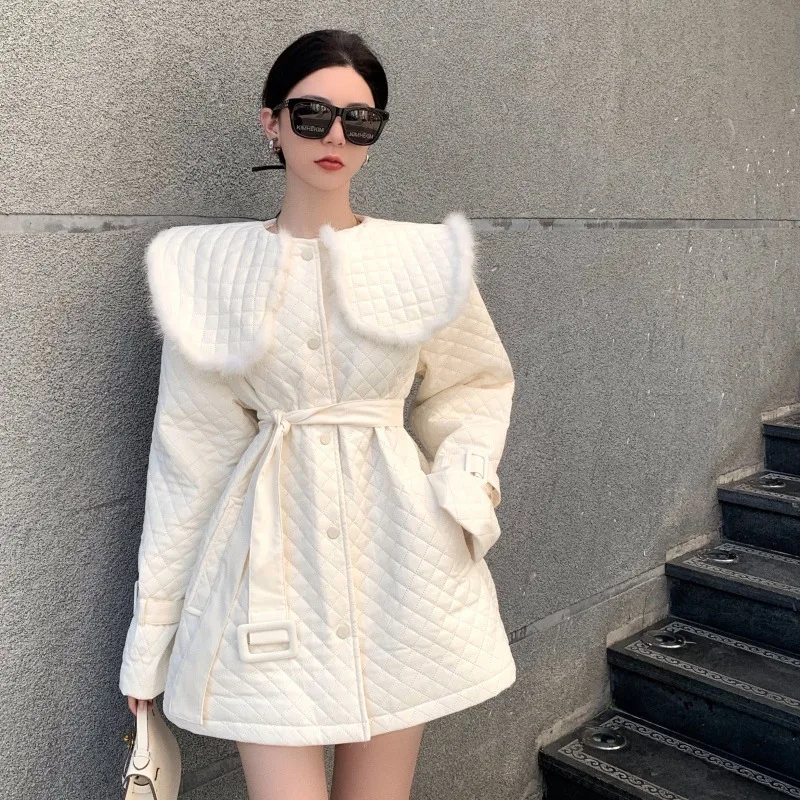 Женская куртка 2022 зимнее Стеганое пальто средней длины со шнуровкой и шерстяным