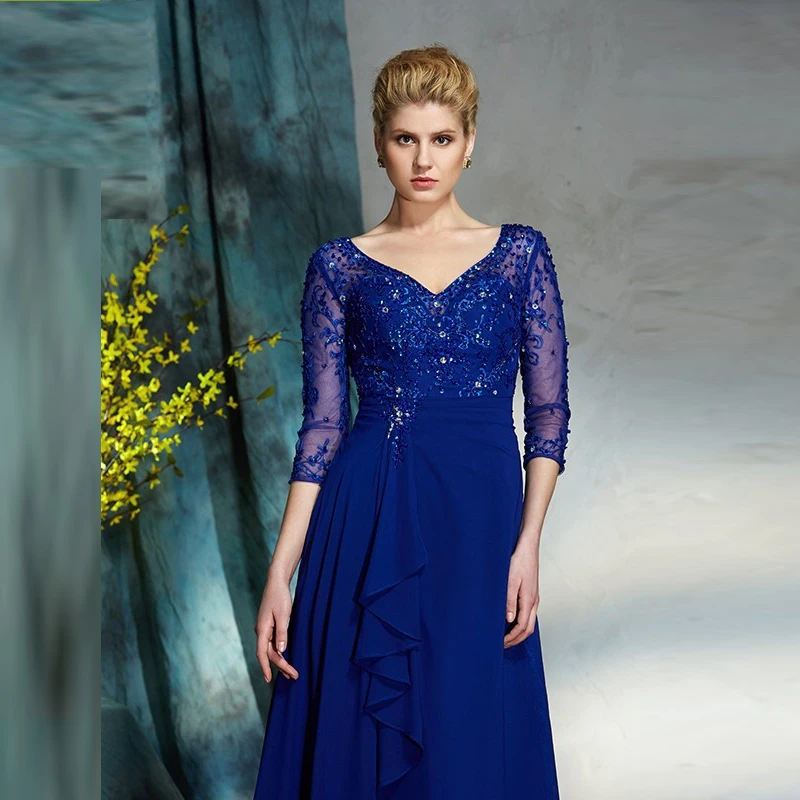 

Royal Blue Mother Of The Bride Dresses A-line V-neck 3/4 Sleeves Chiffon Appliques Beaded Long Groom Mother Dresses For Weddings