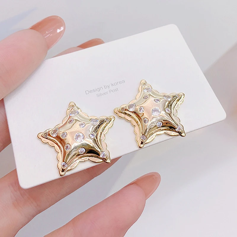 

Luxury 14k Real Gold Big Star Earring for Women Elegant Inlaid Shine Zircon Stud Earrings Wedding Jewelry for Bridal Accessories
