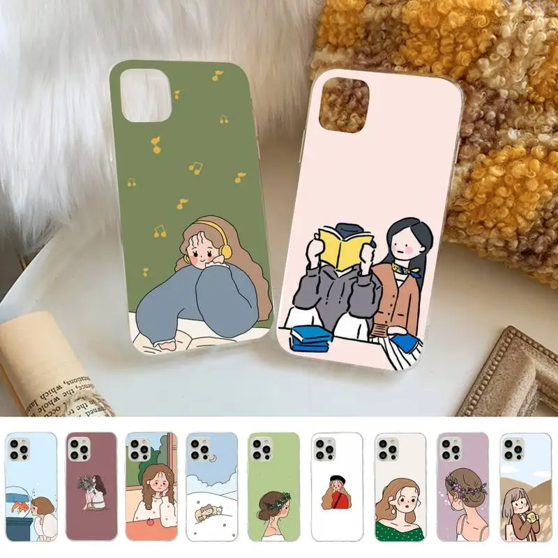 

RuiCaiCa Cute korean girl cartoon Phone Case for iPhone 11 12 13 mini pro XS MAX 8 7 6 6S Plus X 5S SE 2020 XR case