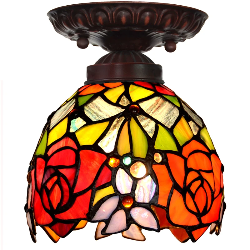 

WYM Tiffany Style Rose Ceiling Lamp for Corridor, W/ 6.5" Handmade Stained Glass Lampshade, Classic Flush Mount Light Fixture