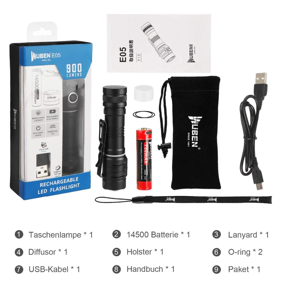 Светодиодный фонарик WUBEN EDC 900 люмен USB перезаряжаемый 6 режимов работы