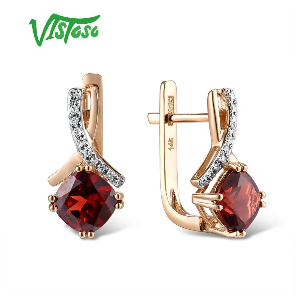 VISTOSO золотые серьги для женщин подлинные 14K 585 розовое золото Сияющий гранат сверкающие алмазные серьги обручальные свадебные украшения