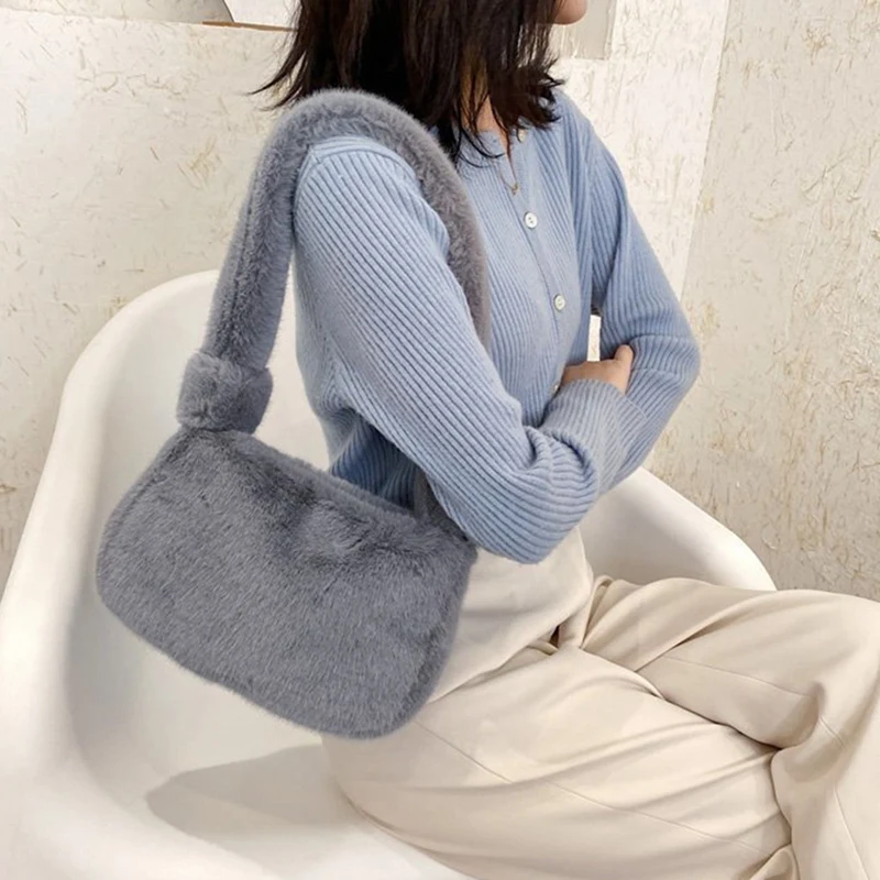 

Fashion Solid Color One Shoulder Handbag Plush Soft Autumn and Winter Fashion Cute Female Handbag