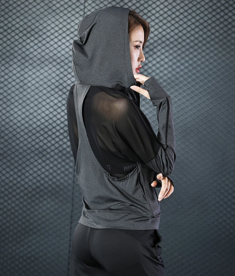 Женская Спортивная кофта с капюшоном длинным рукавом для йоги фитнеса