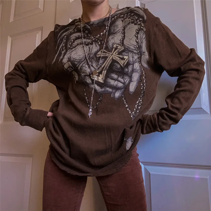 

Vintage Fairycore Grunge Printed Graphic Long Sleeve T Shirt 90s Aesthetic Pullover Top Autumn Women T-shirt Punk Style