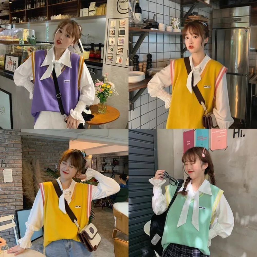 

Two piece suit / one piece college style Korean loose petal sleeve knitted vest LONG SLEEVE SHIRT fashion